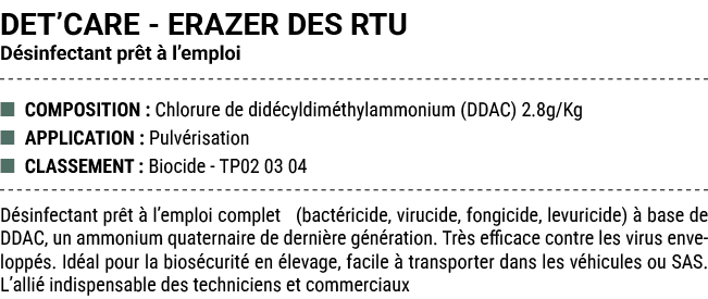 DET’CARE ERAZER DES RTU D sinfectant pr t  l’emploi ■ COMPOSITION : Chlorure de did cyldim thylammonium (DDAC) 2.8g/...