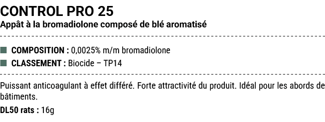 CONTROL PRO 25 App t  la bromadiolone compos  de bl  aromatis  ■ COMPOSITION : 0,0025% m/m bromadiolone ■ CLASSEMENT...