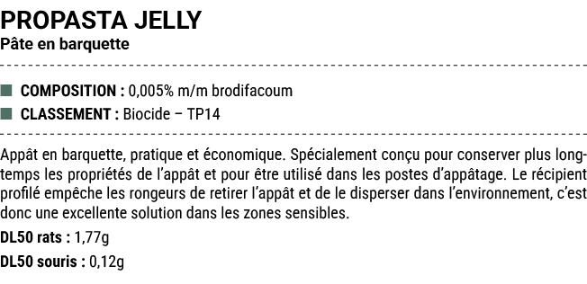 PROPASTA JELLY P te en barquette ■ COMPOSITION : 0,005% m/m brodifacoum ■ CLASSEMENT : Biocide – TP14 App t en barque...