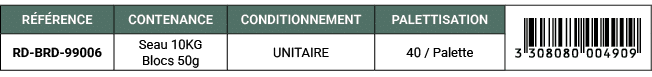 R F RENCE,CONTENANCE,CONDITIONNEMENT,PALETTISATION,￼,RD BRD 99006,Seau 10KG Blocs 50g,UNITAIRE,40 / Palette