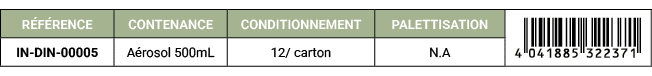R F RENCE,CONTENANCE,CONDITIONNEMENT,PALETTISATION,￼,IN DIN 00005,A rosol 500mL,12/ carton,N.A