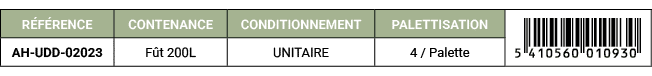 R F RENCE,CONTENANCE,CONDITIONNEMENT,PALETTISATION,￼,AH UDD 02023,F t 200L,UNITAIRE,4 / Palette
