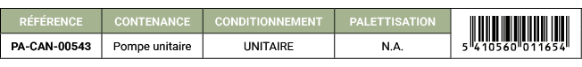 R F RENCE,CONTENANCE,CONDITIONNEMENT,PALETTISATION,￼,PA CAN 00543,Pompe unitaire,UNITAIRE,N.A. 