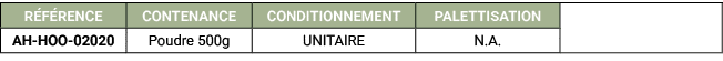 R F RENCE,CONTENANCE,CONDITIONNEMENT,PALETTISATION,,AH HOO 02020,Poudre 500g,UNITAIRE,N.A. 