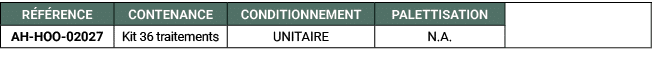 R F RENCE,CONTENANCE,CONDITIONNEMENT,PALETTISATION,,AH HOO 02027,Kit 36 traitements,UNITAIRE,N.A. 