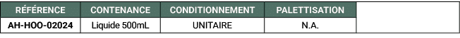 R F RENCE,CONTENANCE,CONDITIONNEMENT,PALETTISATION,,AH HOO 02024,Liquide 500mL,UNITAIRE,N.A. 
