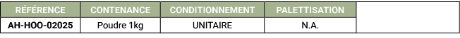 R F RENCE,CONTENANCE,CONDITIONNEMENT,PALETTISATION,,AH HOO 02025,Poudre 1kg,UNITAIRE,N.A. 