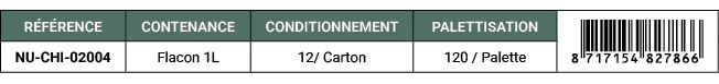 R F RENCE,CONTENANCE,CONDITIONNEMENT,PALETTISATION,￼,NU CHI 02004,Flacon 1L,12/ Carton,120 / Palette