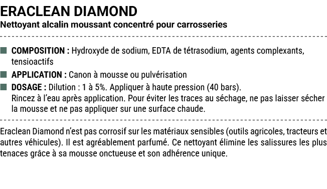 ERACLEAN DIAMOND Nettoyant alcalin moussant concentr pour carrosseries ■ COMPOSITION : Hydroxyde de sodium, EDTA de ...
