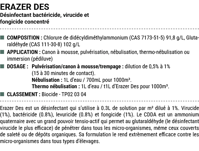 ERAZER DES D sinfectant bact ricide, virucide et fongicide concentr ■ COMPOSITION : Chlorure de did cyldim thylammon...