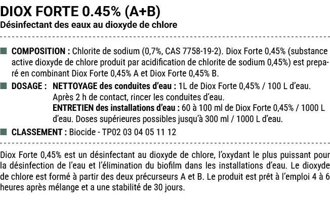 DIOX FORTE 0.45% (A+B) D sinfectant des eaux au dioxyde de chlore ■ COMPOSITION : Chlorite de sodium (0,7%, CAS 7758 ...