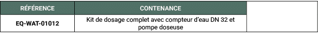R F RENCE,CONTENANCE,,EQ WAT 01012,Kit de dosage complet avec compteur d’eau DN 32 et pompe doseuse
