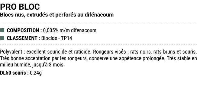 PRO BLOC Blocs nus, extrud s et perfor s au dif nacoum ■ COMPOSITION : 0,005% m/m difenacoum ■ CLASSEMENT : Biocide T...