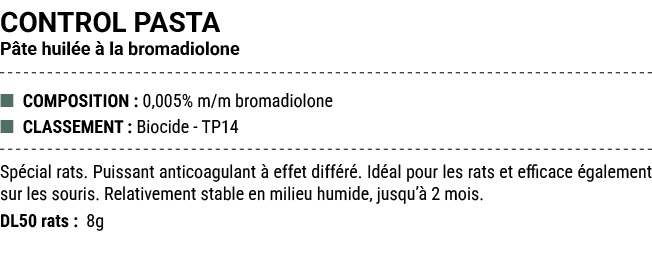 CONTROL PASTA P te huil e  la bromadiolone ■ COMPOSITION : 0,005% m/m bromadiolone ■ CLASSEMENT : Biocide TP14 Sp ci...