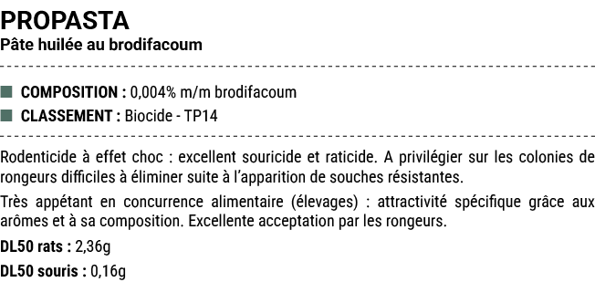 PROPASTA P te huil e au brodifacoum ■ COMPOSITION : 0,004% m/m brodifacoum ■ CLASSEMENT : Biocide TP14 Rodenticide  ...