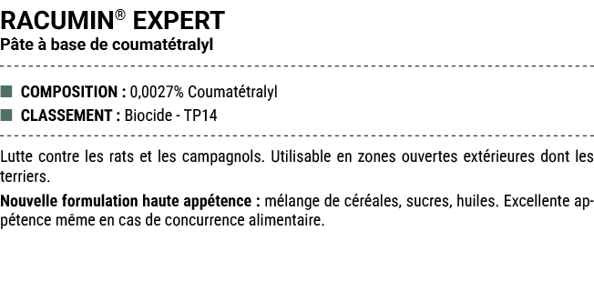 RACUMIN® EXPERT P te  base de coumat tralyl ■ COMPOSITION : 0,0027% Coumat tralyl ■ CLASSEMENT : Biocide TP14 Lutte ...