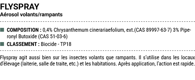 FLYSPRAY A rosol volants/rampants ■ COMPOSITION : 0,4% Chrysanthemum cinerariaefolium, ext.(CAS 89997 63 7) 3% Pipero...