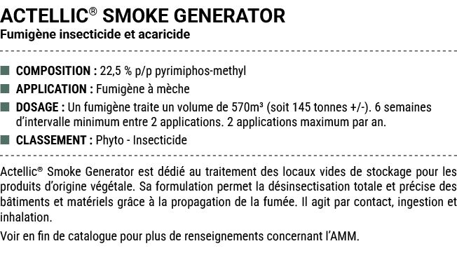 ACTELLIC® SMOKE GENERATOR Fumig ne insecticide et acaricide ■ COMPOSITION : 22,5 % p/p pyrimiphos methyl ■ APPLICATIO...