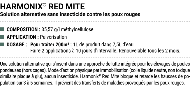HARMONIX® RED MITE Solution alternative sans insecticide contre les poux rouges ■ COMPOSITION : 35,57 g/l m thylcellu...