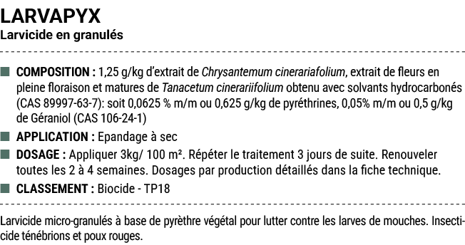 LARVAPYX Larvicide en granul s ■ COMPOSITION : 1,25 g/kg d’extrait de Chrysantemum cinerariafolium, extrait de fleurs...