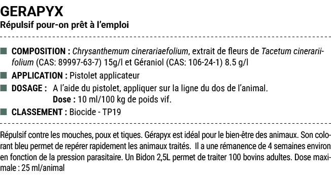 GERAPYX R pulsif pour on pr t  l’emploi ■ COMPOSITION : Chrysanthemum cinerariaefolium, extrait de fleurs de Tacetum...