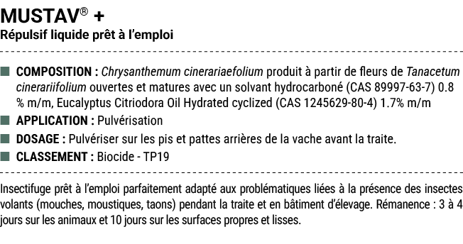 MUSTAV® + R pulsif liquide pr t  l’emploi ■ COMPOSITION : Chrysanthemum cinerariaefolium produit   partir de fleurs ...