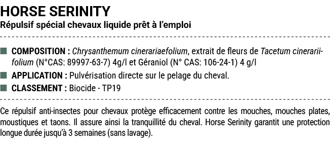 HORSE SERINITY R pulsif sp cial chevaux liquide pr t  l’emploi ■ COMPOSITION : Chrysanthemum cinerariaefolium, extra...