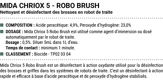MIDA CHRIOX 5 ROBO BRUSH Nettoyant et d sinfectant des brosses en robot de traite ■ COMPOSITION : Acide perac tique: ...