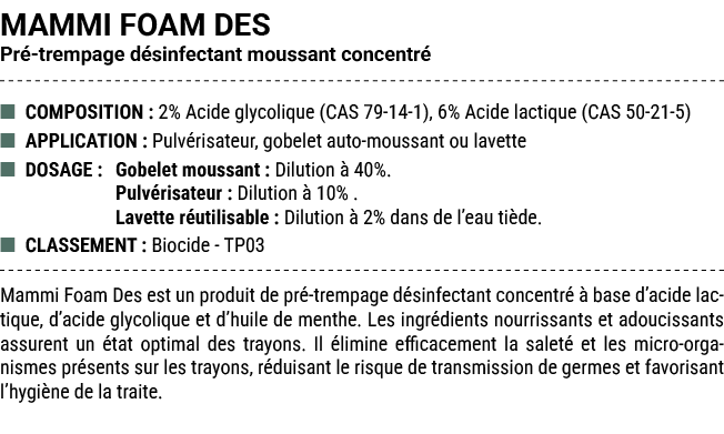 MAMMI FOAM DES Pr trempage d sinfectant moussant concentr  ■ COMPOSITION : 2% Acide glycolique (CAS 79 14 1), 6% Aci...