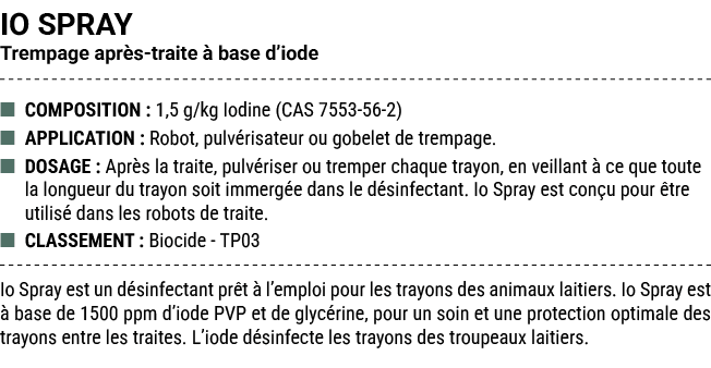 IO SPRAY Trempage apr s traite  base d’iode ■ COMPOSITION : 1,5 g/kg Iodine (CAS 7553 56 2) ■ APPLICATION : Robot, p...