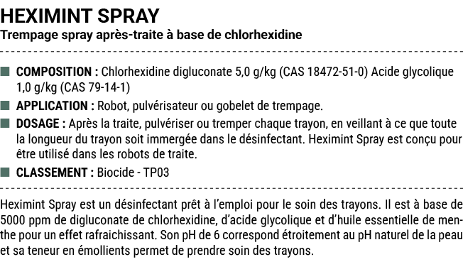 HEXIMINT SPRAY Trempage spray apr s traite  base de chlorhexidine ■ COMPOSITION : Chlorhexidine digluconate 5,0 g/kg...