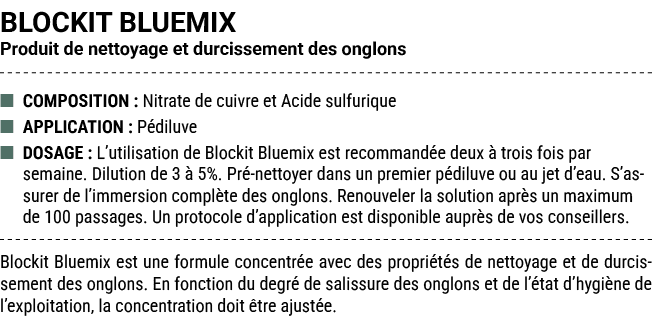 BLOCKIT BLUEMIX Produit de nettoyage et durcissement des onglons ■ COMPOSITION : Nitrate de cuivre et Acide sulfuriqu...