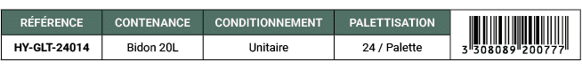 R F RENCE,CONTENANCE,CONDITIONNEMENT,PALETTISATION,￼,HY GLT 24014,Bidon 20L,Unitaire,24 / Palette 