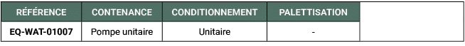 R F RENCE,CONTENANCE,CONDITIONNEMENT,PALETTISATION,,EQ WAT 01007,Pompe unitaire,Unitaire, 