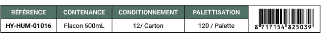 R F RENCE,CONTENANCE,CONDITIONNEMENT,PALETTISATION,￼,HY HUM 01016,Flacon 500mL,12/ Carton,120 / Palette 