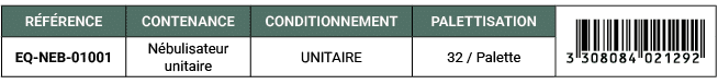 R F RENCE,CONTENANCE,CONDITIONNEMENT,PALETTISATION,￼,EQ NEB 01001,N bulisateur unitaire,UNITAIRE,32 / Palette