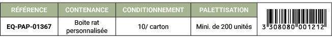 R F RENCE,CONTENANCE,CONDITIONNEMENT,PALETTISATION,￼,EQ PAP 01367,Boite rat personnalis e,10/ carton ,Mini. de 200 un...