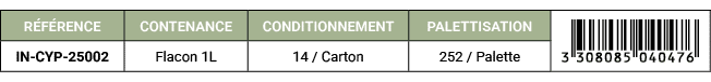 R F RENCE,CONTENANCE,CONDITIONNEMENT,PALETTISATION,￼,IN CYP 25002,Flacon 1L,14 / Carton,252 / Palette
