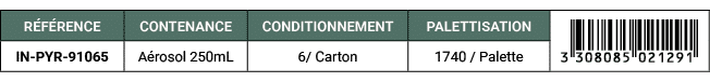 R F RENCE,CONTENANCE,CONDITIONNEMENT,PALETTISATION,￼,IN PYR 91065,A rosol 250mL,6/ Carton,1740 / Palette