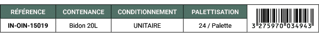 R F RENCE,CONTENANCE,CONDITIONNEMENT,PALETTISATION,￼,IN OIN 15019,Bidon 20L,UNITAIRE,24 / Palette