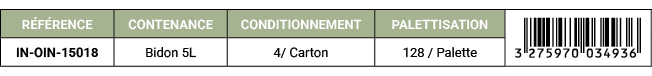 R F RENCE,CONTENANCE,CONDITIONNEMENT,PALETTISATION,￼,IN OIN 15018,Bidon 5L,4/ Carton,128 / Palette