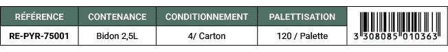 R F RENCE,CONTENANCE,CONDITIONNEMENT,PALETTISATION,￼,RE PYR 75001,Bidon 2,5L,4/ Carton,120 / Palette