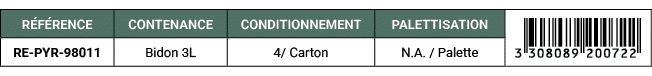 R F RENCE,CONTENANCE,CONDITIONNEMENT,PALETTISATION,￼,RE PYR 98011,Bidon 3L,4/ Carton,N.A. / Palette