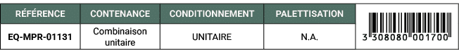 R F RENCE,CONTENANCE,CONDITIONNEMENT,PALETTISATION,￼,EQ MPR 01131,Combinaison unitaire,UNITAIRE,N.A. 