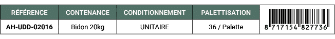 R F RENCE,CONTENANCE,CONDITIONNEMENT,PALETTISATION,￼,AH UDD 02016,Bidon 20kg,UNITAIRE,36 / Palette