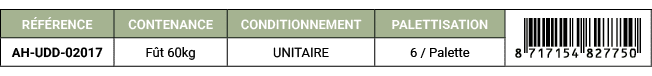 R F RENCE,CONTENANCE,CONDITIONNEMENT,PALETTISATION,￼,AH UDD 02017,F t 60kg,UNITAIRE,6 / Palette