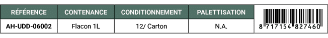 R F RENCE,CONTENANCE,CONDITIONNEMENT,PALETTISATION,￼,AH UDD 06002,Flacon 1L,12/ Carton,N.A. 
