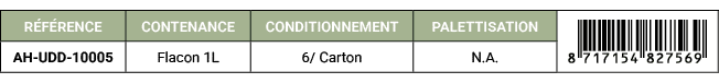 R F RENCE,CONTENANCE,CONDITIONNEMENT,PALETTISATION,￼ ,AH UDD 10005,Flacon 1L,6/ Carton,N.A. 