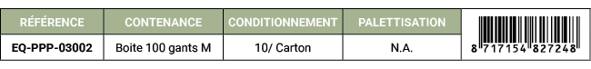 R F RENCE,CONTENANCE,CONDITIONNEMENT,PALETTISATION,￼,EQ PPP 03002,Boite 100 gants M,10/ Carton,N.A. 