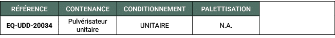 R F RENCE,CONTENANCE,CONDITIONNEMENT,PALETTISATION,,EQ UDD 20034,Pulv risateur unitaire,UNITAIRE,N.A. 